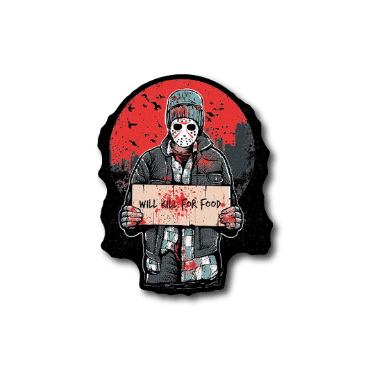 Vinyl sticker of masked chef holding Will Kill for Food sign