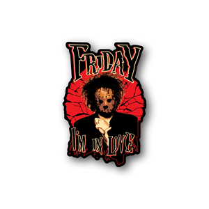Jason Friday I'M in Love vinyl sticker, red-and-black text with stylized portrait