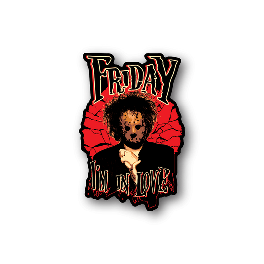 Jason Friday I'M in Love vinyl sticker, red-and-black text with stylized portrait