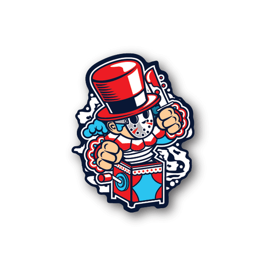 Toy vinyl sticker of cartoon astronaut character in red, blue, and white