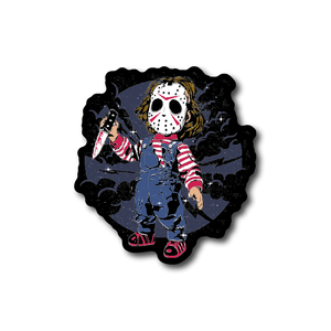 Vinyl sticker of masked child in red-and-white striped shirt, blue jeans, red shoes