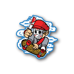 Skater vinyl sticker featuring red cap and hockey-style mask holding a skateboard