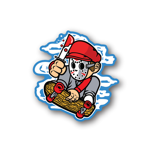 Skater vinyl sticker featuring red cap and hockey-style mask holding a skateboard