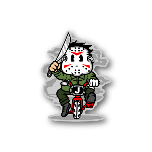 Die-cut vinyl sticker of cartoon biker in green jacket with white hockey mask, red dots