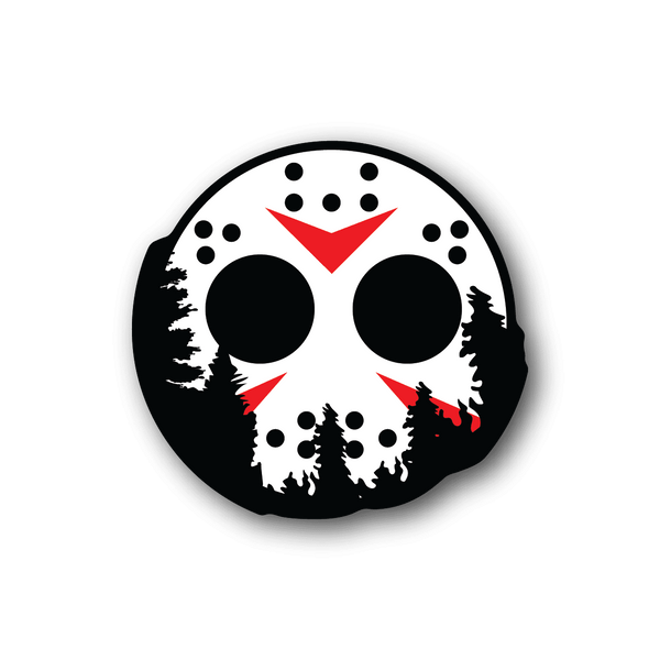 Circular vinyl sticker, white skull face with red eyes and red nose