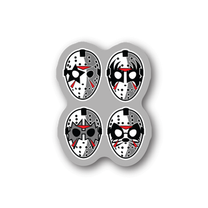 Vinyl sticker with four black-and-white rock face designs with red accents