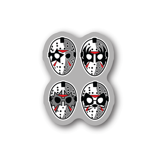 Vinyl sticker with four black-and-white rock face designs with red accents