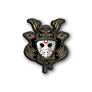 Samurai vinyl sticker with gold outline and white face mask with red and black spots
