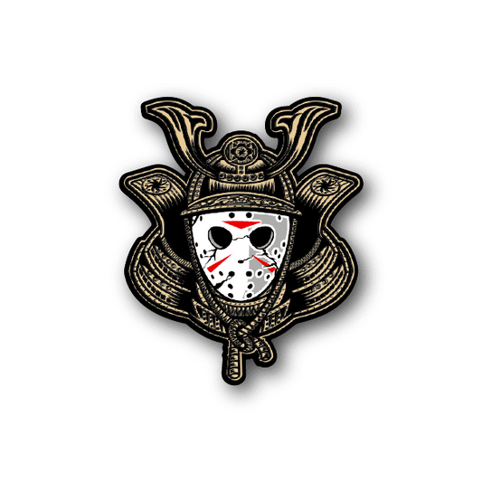 Samurai vinyl sticker with gold outline and white face mask with red and black spots
