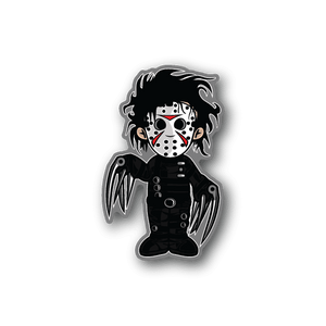 Vinyl sticker of horror clown face with black hair, white makeup, red details