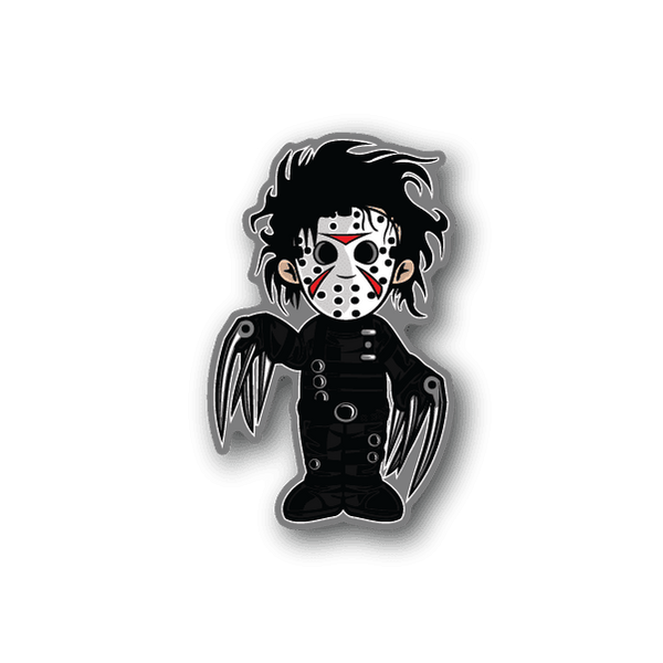 Vinyl sticker of horror clown face with black hair, white makeup, red details