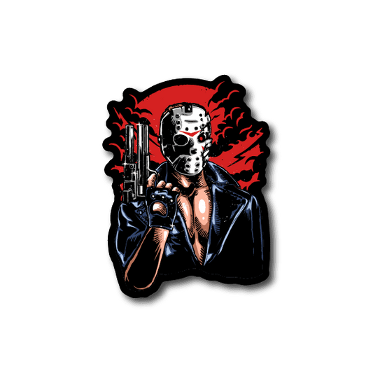 Vinyl sticker of masked figure holding a handgun with red flame effects
