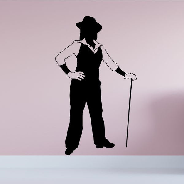 Jazz dancer wall decal, black silhouette man with fedora hat and cane
