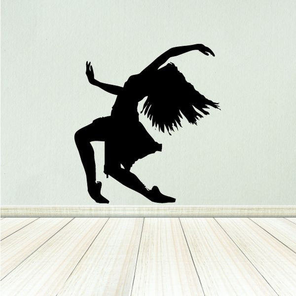 Jazz dancer wall decal vinyl sticker, black dancer silhouette with fringe skirt