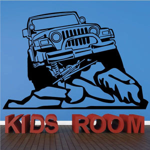Jeep 4x4 offroad vinyl window decal with rock-climbing graphic and 'KIDS ROOM' text