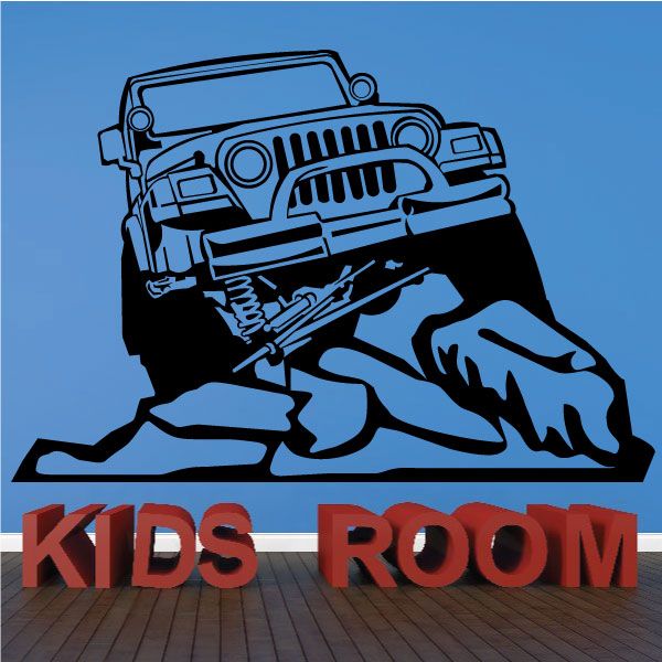 Jeep 4x4 offroad vinyl window decal with rock-climbing graphic and 'KIDS ROOM' text