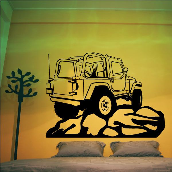 Off-road Jeep 4x4 vinyl window decal with vehicle climbing rocks, black outline
