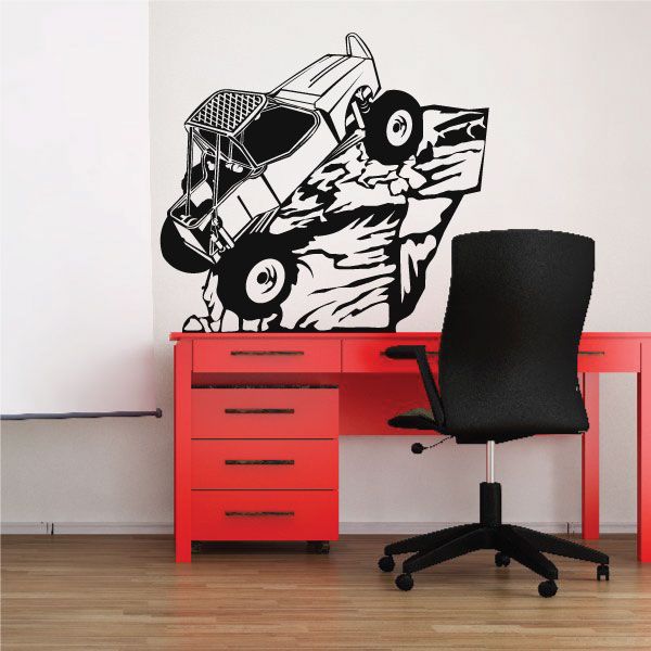 4x4 off-road rock climbing vinyl decal: black and white cartoon truck on rocks