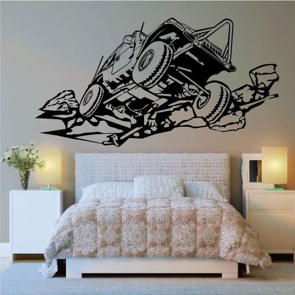 Off-road Jeep vinyl decal, black outline of a rock-crawling 4x4 on wall
