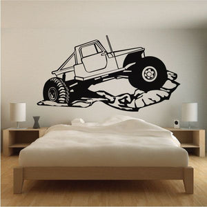 Jeep 4x4 rock climbing decal, black off-road truck on rocky terrain