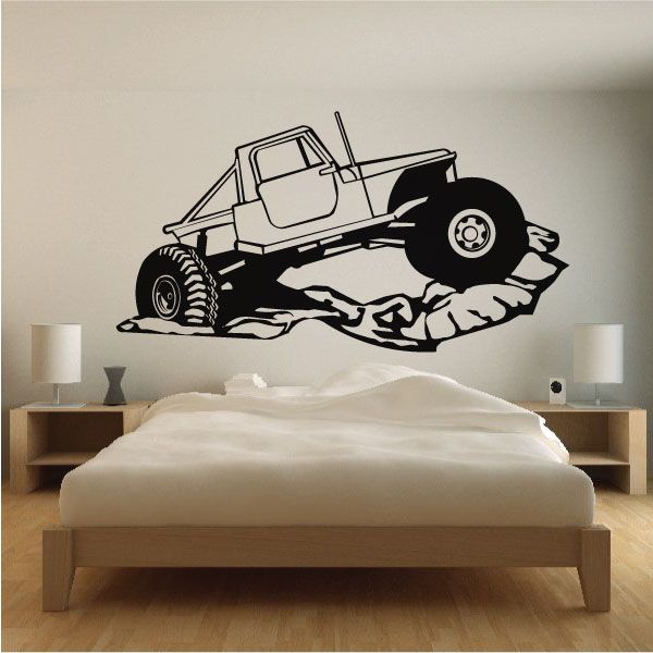 Jeep 4x4 rock climbing decal, black off-road truck on rocky terrain