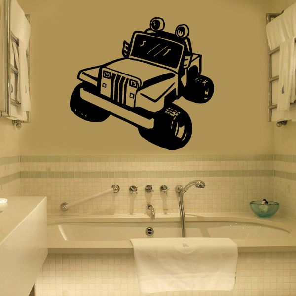 Jeep wall vinyl decal of a black outline off-road vehicle on a wall