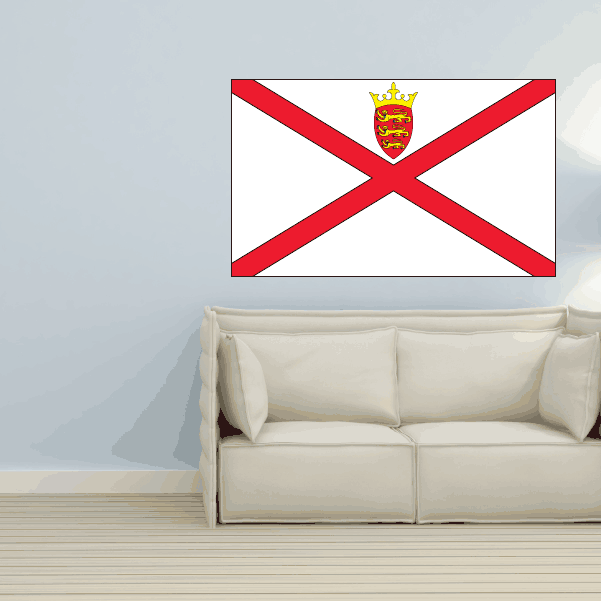 Jersey flag sticker with red cross and central crest on white