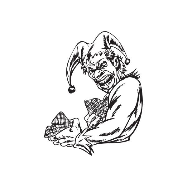 Jester cat dealing cards decal, black-and-white line art of a jester holding playing cards