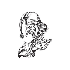 Jester giving-the-finger decal with black-and-white cartoon face and raised hand