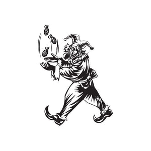 Black and white jester character decal juggling grenades