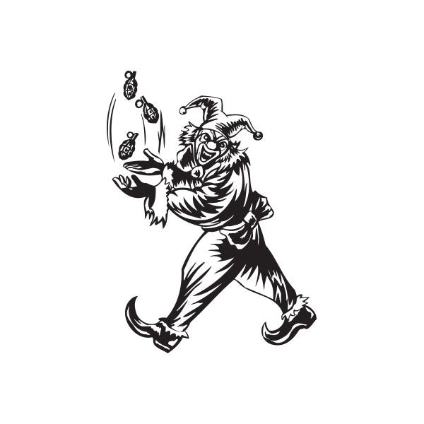 Black and white jester character decal juggling grenades