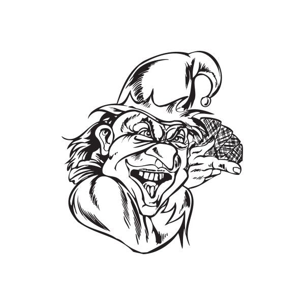 Jester playing cards decal with monochrome clown face graphic