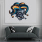 Jester skull sticker with blue and gold jester hat and ornate gray skull face