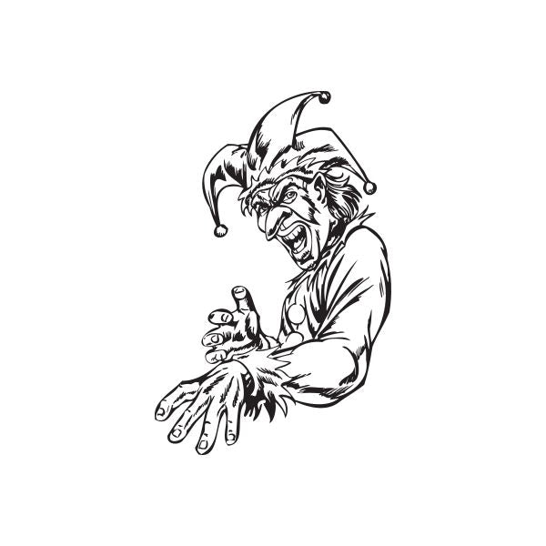 Jester with arm outstretched decal, black line-art jester in tall hat and robe