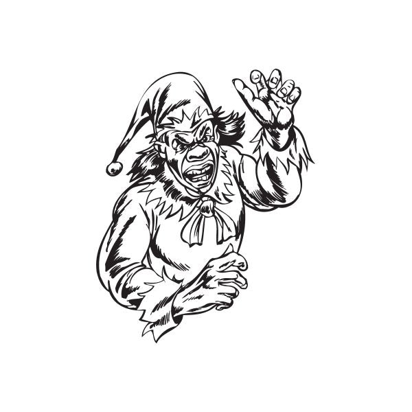 Jester with raised arm decal, black line-art character illustration