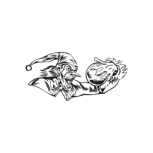 Jester ball decal with black-and-white line art of a jester holding a ball