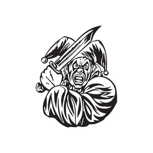 Jester decal featuring a jester face holding a bowie knife