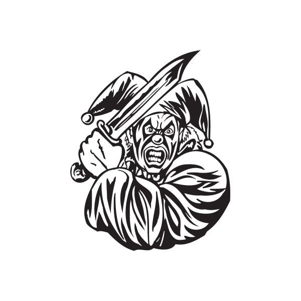 Jester decal featuring a jester face holding a bowie knife
