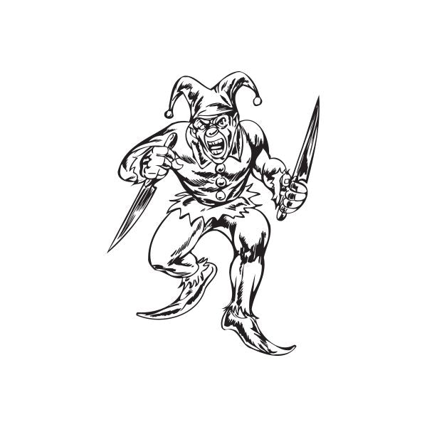 Jester holding two chef knives decal, black and white line art