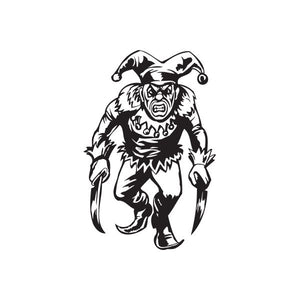 Jester with knives decal, black cartoon figure with hat and knives
