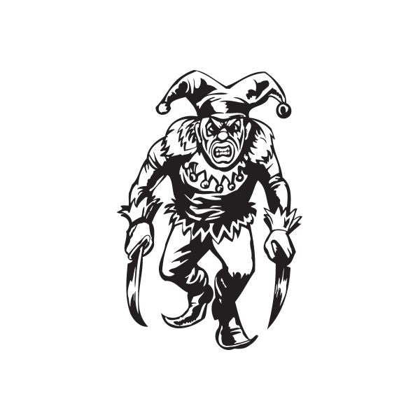 Jester with knives decal, black cartoon figure with hat and knives