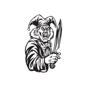 Jester decal with snarling face holding large knife, black and white outline
