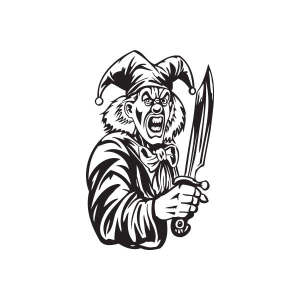 Jester decal with snarling face holding large knife, black and white outline