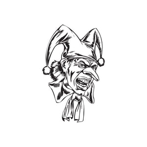 Jester head long-tie decal in black-and-white line art
