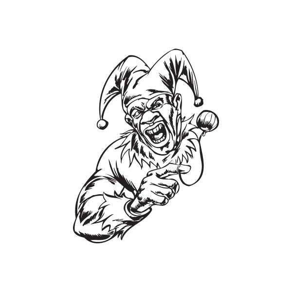 Jester with pumpkin on a string decal, black-and-white line art illustration