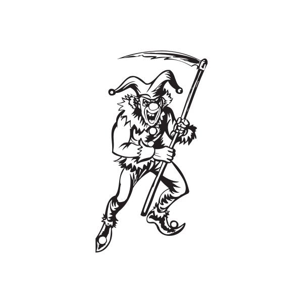 Jester with scythe graphic decal, black-and-white line art