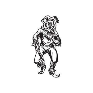 Black-and-white jester decal holding a throwing knife