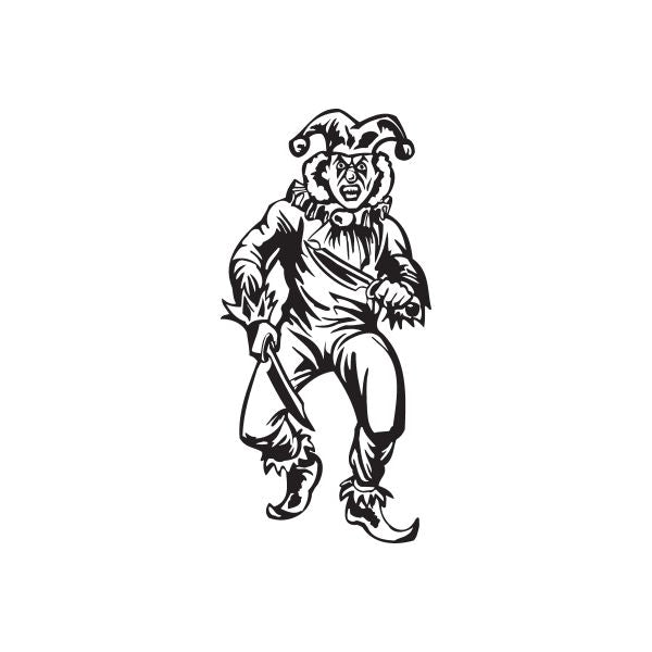 Black-and-white jester decal holding a throwing knife