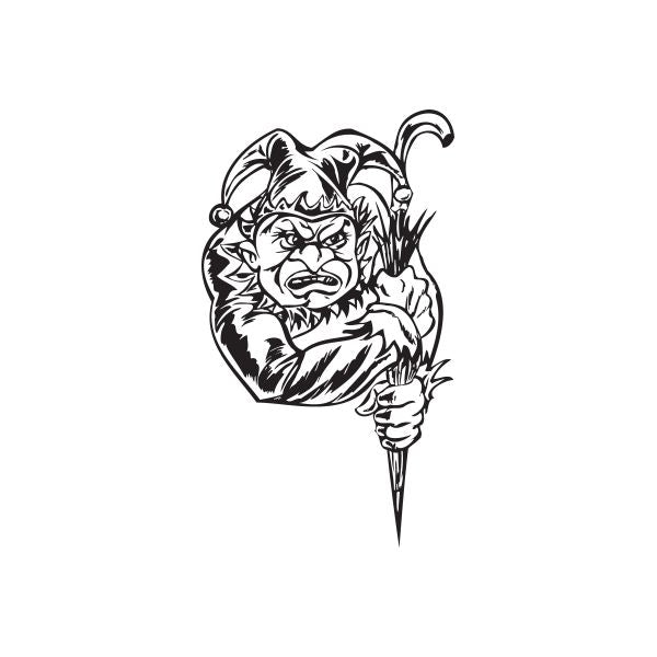 Jester with umbrella decal, black-and-white line art