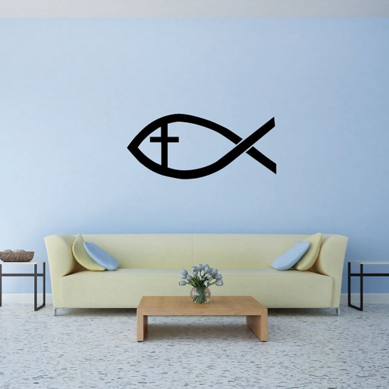 Jesus fish and cross wall decal, black icon